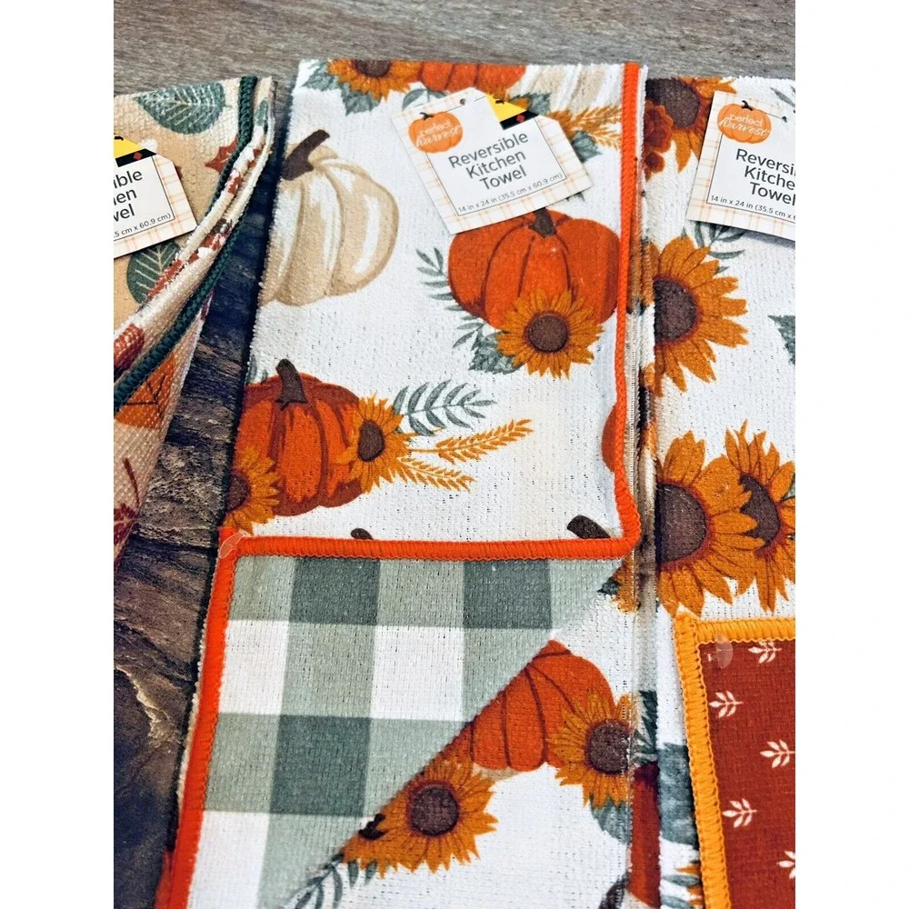 Perfect Harvest Reversible Kitchen Towels Leaves Sunflowers Pumpkin Lot of 5 BxA